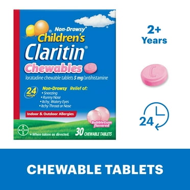 Children's Claritin 24 Hour Non-Drowsy Allergy Relief, Loratadine Antihistamine Bubblegum Chewable Tablets, 30 Count