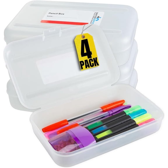 1InTheOffice Clear Pencil Box, Pencil Case Plastic Box, Translucent, Large Capacity, Snap-Tight Lid, 4 Pack