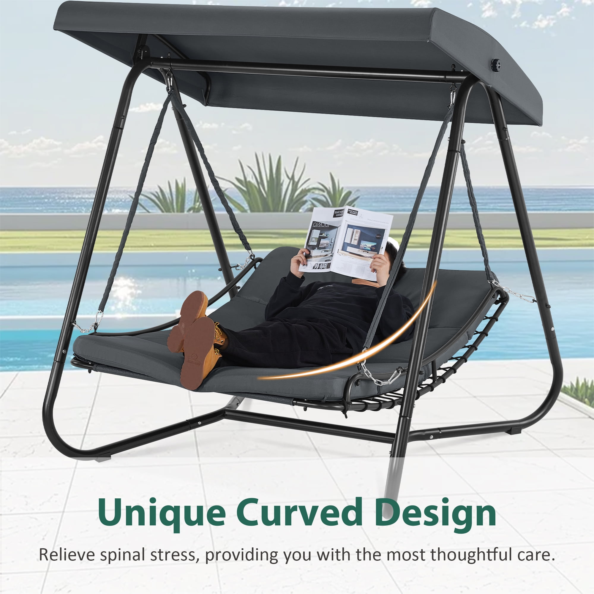 MCombo 2-Seat Patio Swing Recliner Chair with Adjustable Canopy
