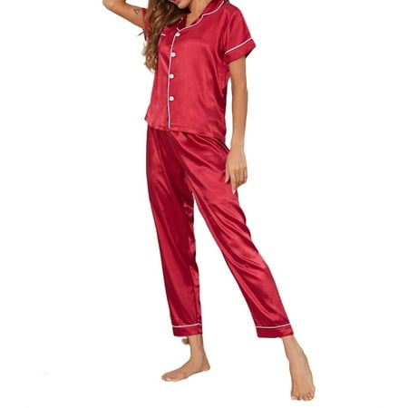 

Women s Satin Pajama Short Sleeve Button Top With Pants 2 Pcs Night Pj Set Loungewear