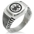 thumbnail image 1 of Stainless Steel Bamboo Kamon Crest CZ Ribbed Needle Stripe Pattern Biker Style Polished Ring, 1 of 1