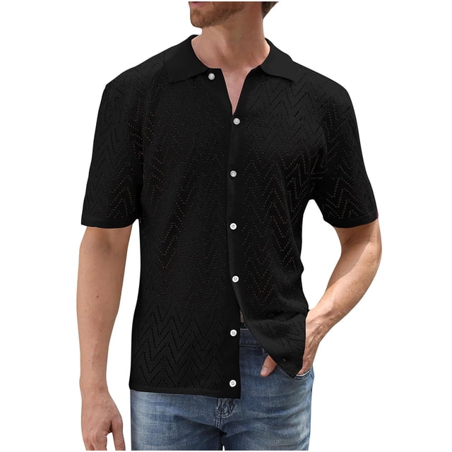 Chemises pour Hommes, Mode Décontractée Tricotée Couleur Unie Manches Courtes Col Rabattu Blouse Chemise