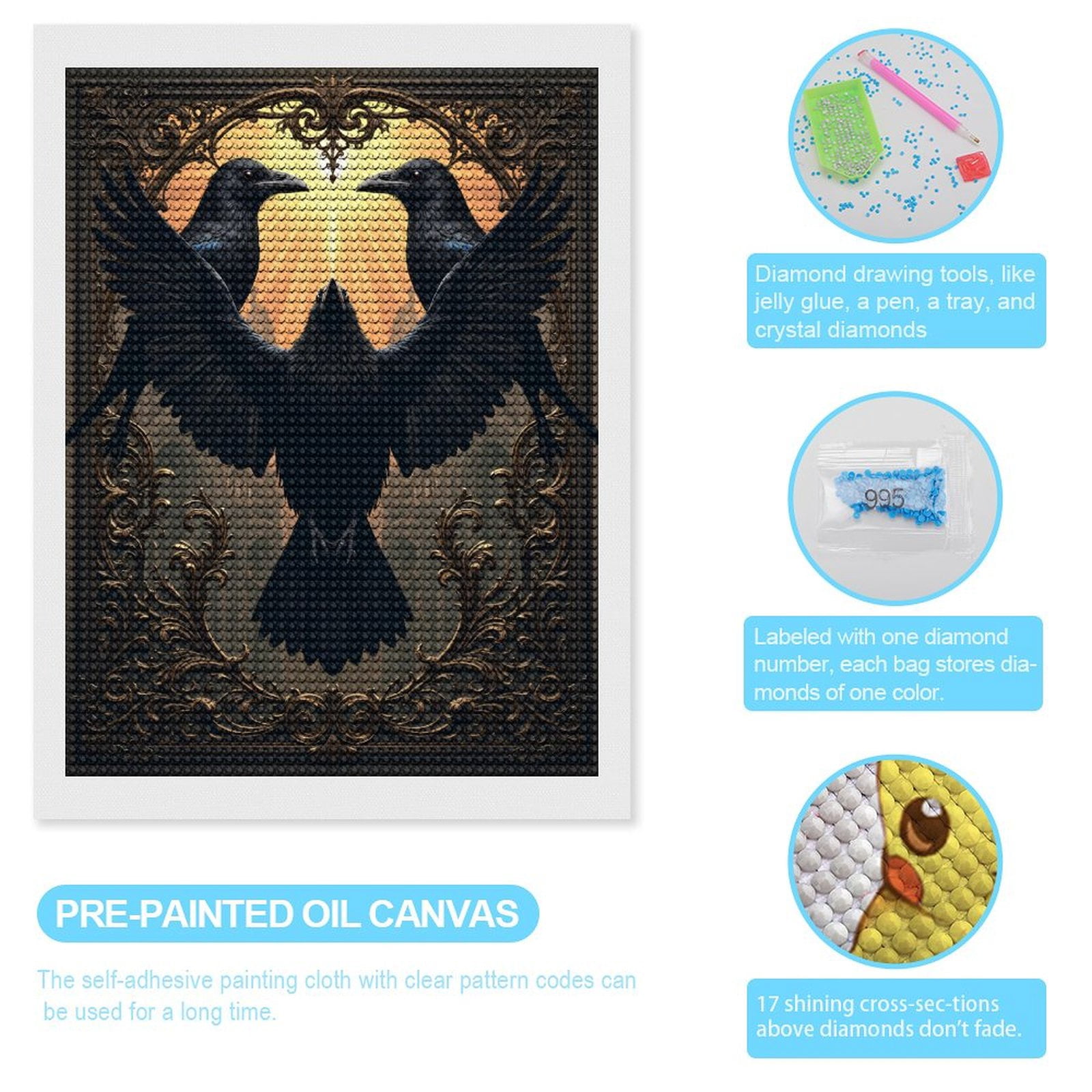 Diamond Art Kits for Adults, Gothic Ravens Ornate Frame Birds 5D Diamond Painting Kits for Adults Beginners, DIY Full Drill Diamond Painting, Gem Art and Crafts 12x16