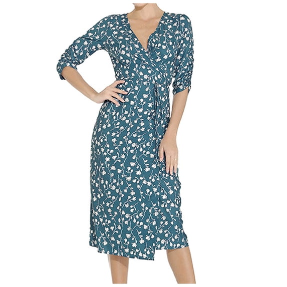 Honeeladyy Summer Dress for Women Plus Size Women Fashion Attractive Summer Casual Floral Print Short Sleeve V-Neck Mid-Calf Dress