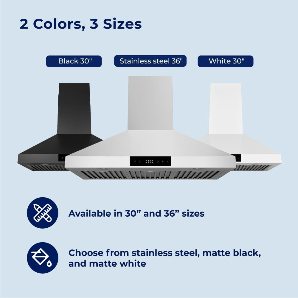 Hauslane Range Hood Wall Mount 30" Ducted or Ductless Kitchen Vent Hood 860CFM Stainless Steel Stove Hood - 6 Speed, Auto Shut-off, Touch Control, LED Lamps, Baffle Filters, WM538 Matte White