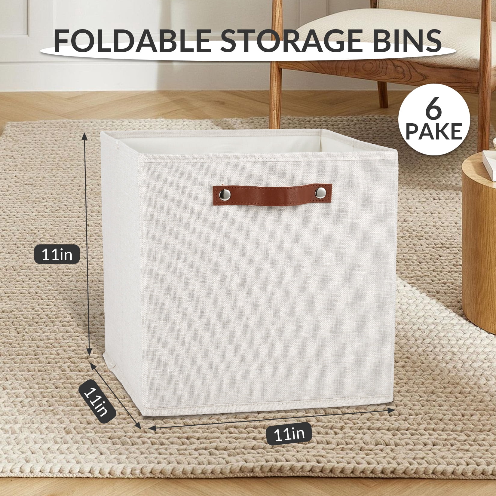 DSstyles Stackable Storage Cube Bins Box Set with Leather Handles, Beige, 6 Pack