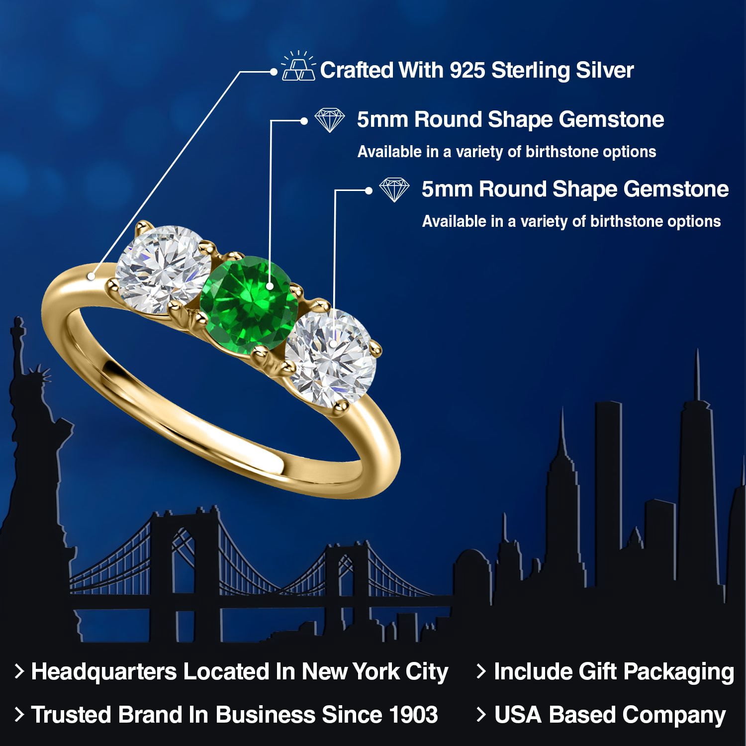 Gem Stone King 18K Yellow Gold Plated Silver Green Created Emerald and Lab Grown Diamond Engagement Ring for Women | 1.84 Cttw | Round 5MM | Gemstone May Birthstone | Size 8