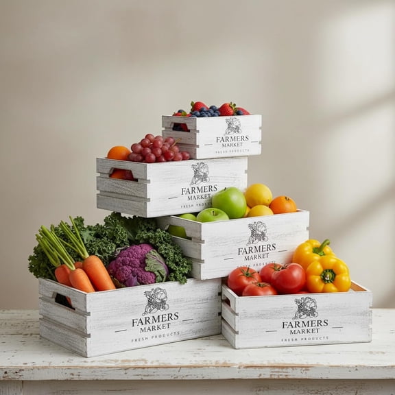Set of 5 Wood Crates for Display Decorative Nesting Wooden Crate Storage with Handles Vintage Farmhouse Style Decorative Boxes Multipurpose Fruits Vegetables Boxes (Rustic White,Elegant)