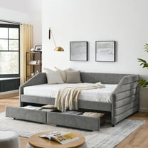 Newest Queen Size Daybed with 2 Drawers & Trundle, Upholstered Tufted Sofa Bed in Grey Linen for Living Room & Guest Room