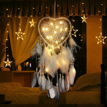

Douhoow Heart Shaped Dream Catcher Woven Wall Hanging LED Lights Feather Pendant Boho Art Decor