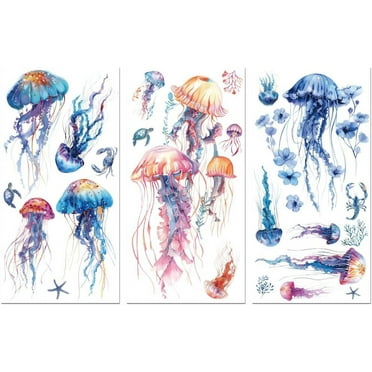 Rub on Transfer Decals for Furniture Crafts Colorful Jellyfish Decor 6"x12" 3Pcs Waterproof UV DTF Transfer Decals Sticker for Dresser Lingerie Chests Drawer Glass Porcelain Wood Plastic DIY