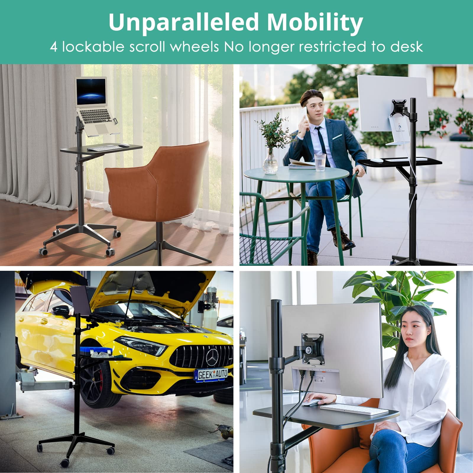 Mobile Desk Workstation Mulitiuse Rolling Laptop Floor Stand 34"-48.6" Height Adjustable Compatible With 17"-27" Monitor&12"-17" 21"*14" Maxload 17.6lbs 4 Lockable Wheels B