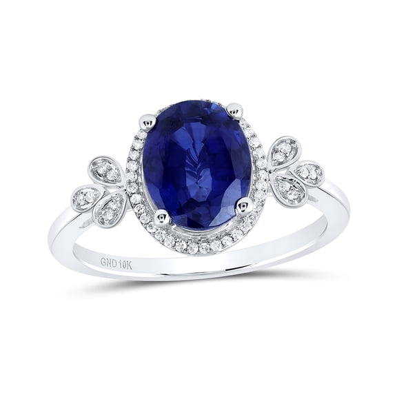 10kt White Gold 1/10 Cttw Diamond 9x7 Mm Oval Blue Sapphire Synthetic Wedding Engagement Anniversary Ring, Women Size: 5-9