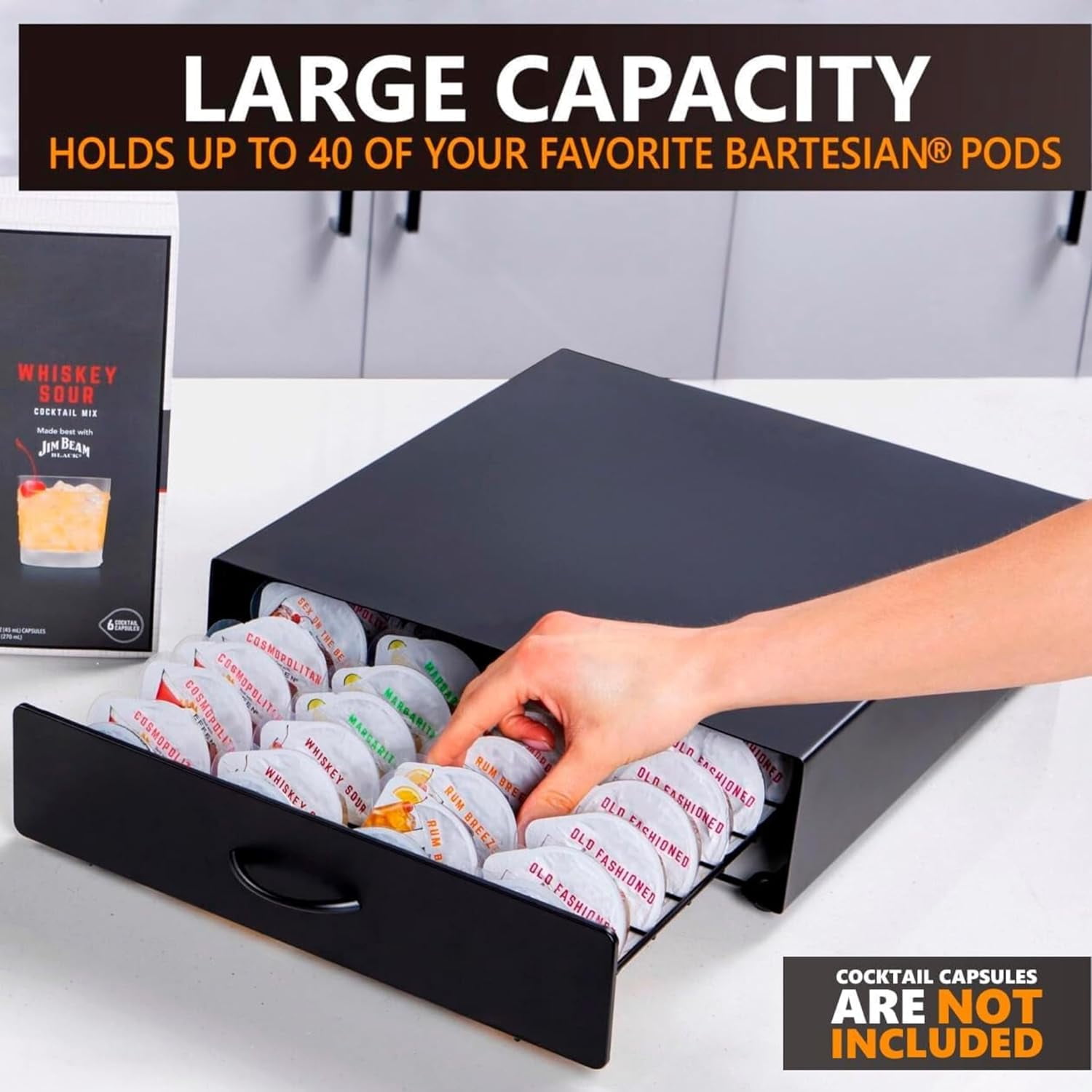 Ksestor Bartesian Capsules Storage Organizer, Metal Drawer Holds 40 Cocktail Mixers for Home Bar
