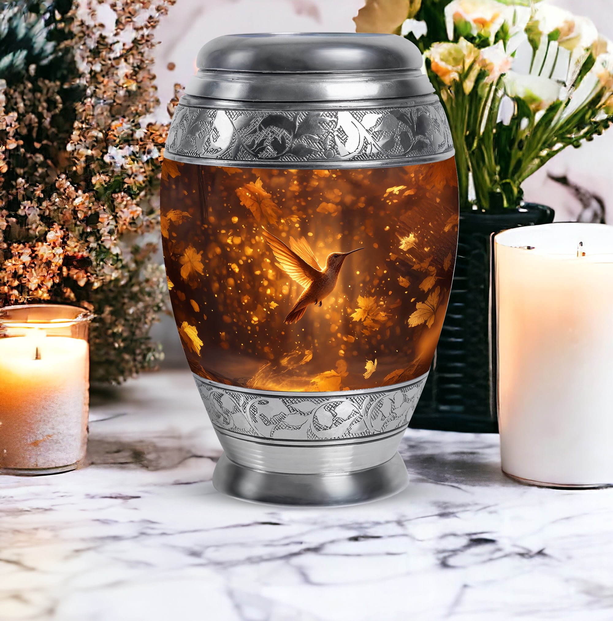 Humming Bird Large Decorative Urns For Human Ashes Adult Woman, Burial Urn For Uncle And Aunty, Funeral Urn For Grandmother, Brown Cremation Urns For Human Ashes, 10 Inch