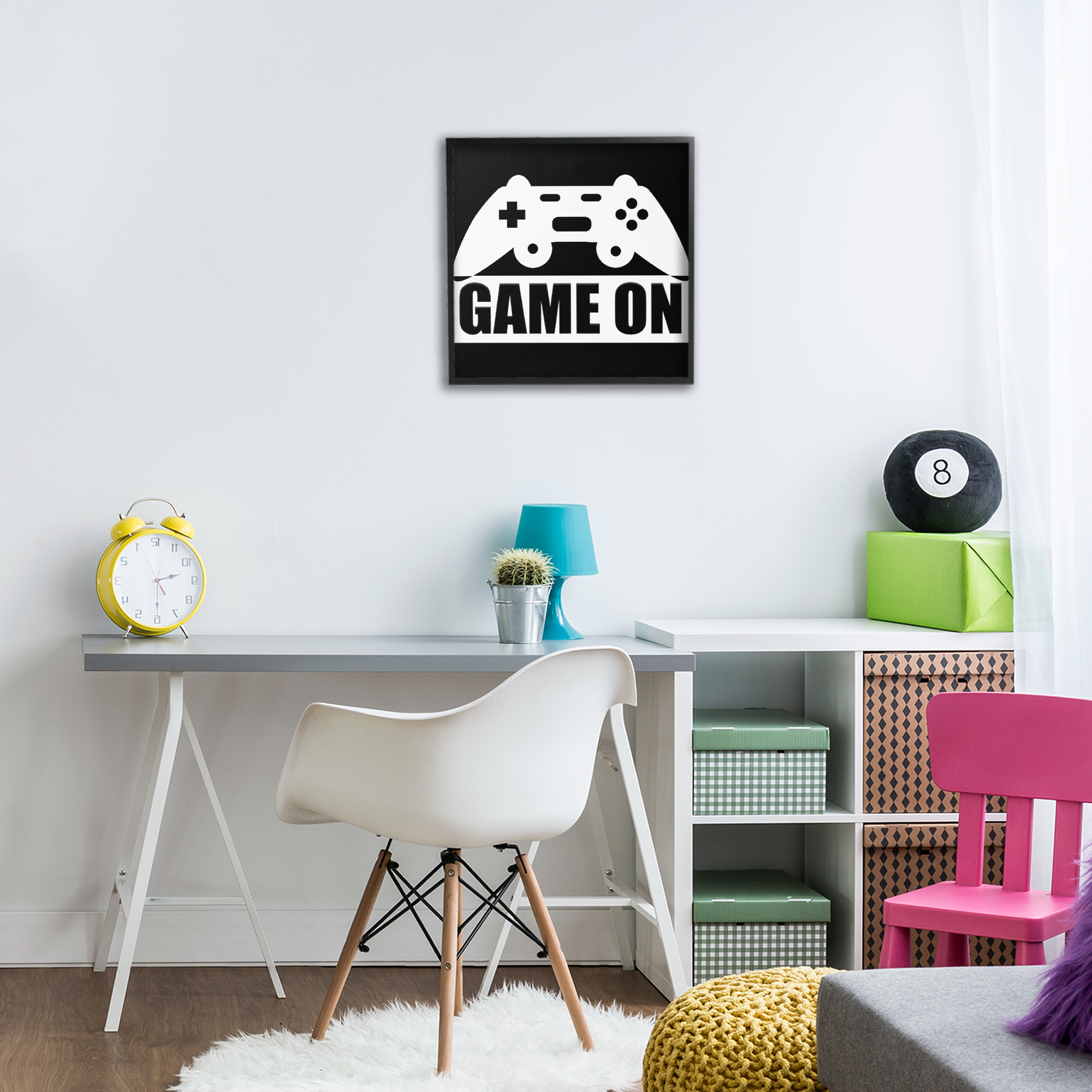 Game On Retro Black & White Black Framed Giclee Art, design by Kim Allen