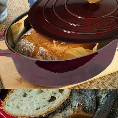 La Cuisine Enameled Cast Iron Oval Dutch Oven Casserole Dish Pot with Lid - 5 QT, Cranberry, Gold-Plated Stainless Steel Lid Handle, Oven Safe