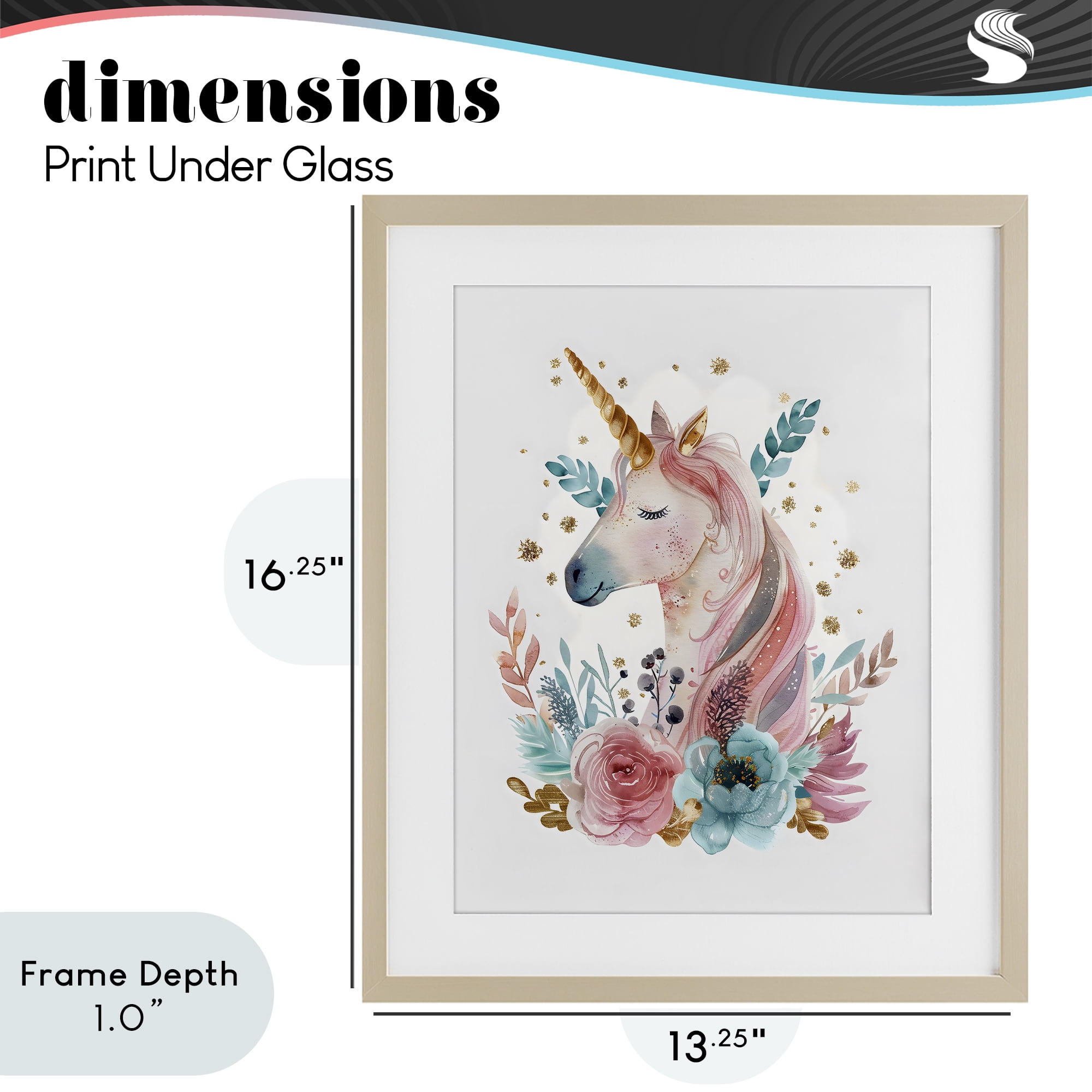 Stupell Industries Floral Unicorn with Gold Details Birch Framed Print Under Glass, design by LSR Design Studio