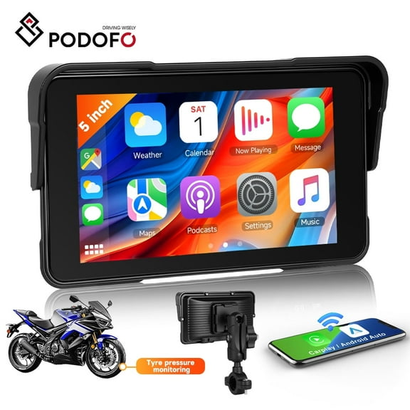 Podofo Wireless CarPlay for Motorcycle with Carplay and Android Auto GPS Navigation System,5-Inch Waterproof Touchscreen Motorcycle Portable Car Stereo with Dual Bluetooth