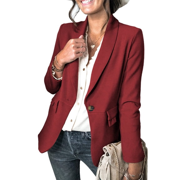 Sarapandan Women Office Jackets Turn Down Collar Pure Color Single Button Closure Work Suit Coat With Pleats Pockets Wine Red M