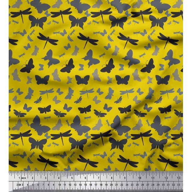 Soimoi Jaune Poly Georgette Tissu Artistique Insectes Décor Tissu Imprimé BTY 42 Pouces de Large