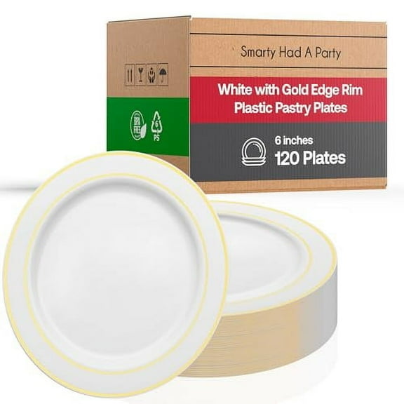 Smarty Had A Party 120 Pcs Elegant Disposable Dessert Plates, 6" Heavy Duty Fancy White Plastic Plates with Gold Rim for Appetizers, Salads, and Cakes