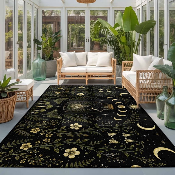 Whimsical Moon Washable Living Room Rugs 5'x8', Mysterious Dark Green Cosmic Crystal Moths Floral Washable Throw Large Area Rug Non-Slip Sturdy Edge Binding Carpet for Living Area Kitchen Office