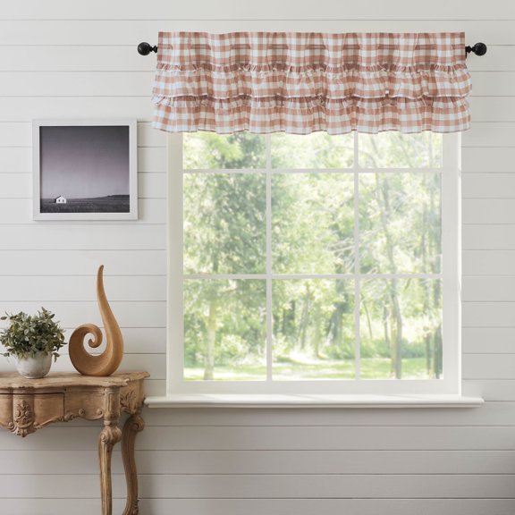 VHC Brands Annie Buffalo Portabella Brown Ruffled Check Farmhouse Kitchen Curtain Valance 16x72
