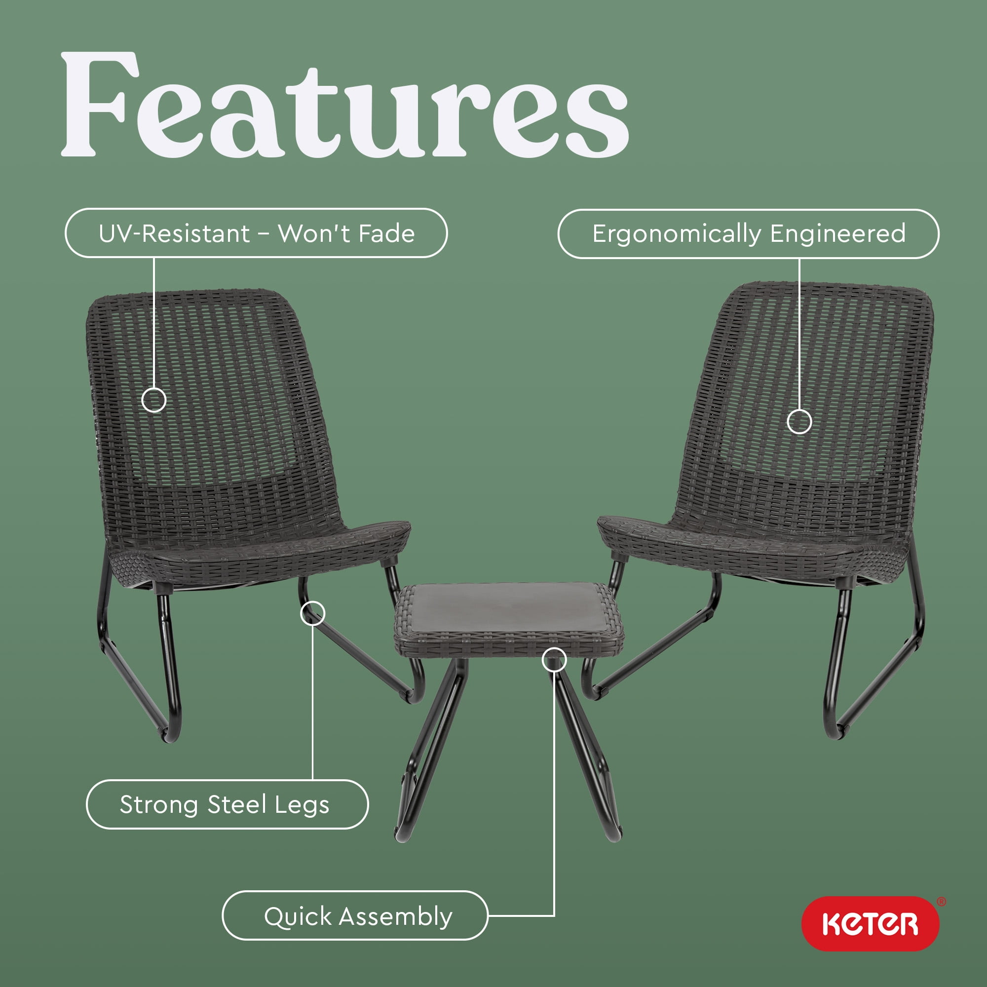 Keter Rio 3-Piece Outdoor Set, All-Weather Resin Rattan Patio Lounge Furniture, Graphite