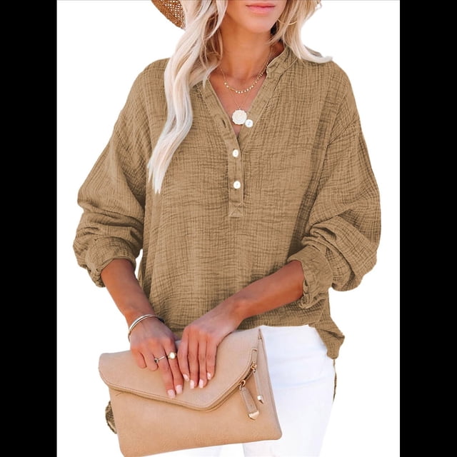 Blusas Casuales de Larga con Cuello en V y Botones para Mujer, Blusas Lisas de Gran Tamaño. Amarillo Terroso L