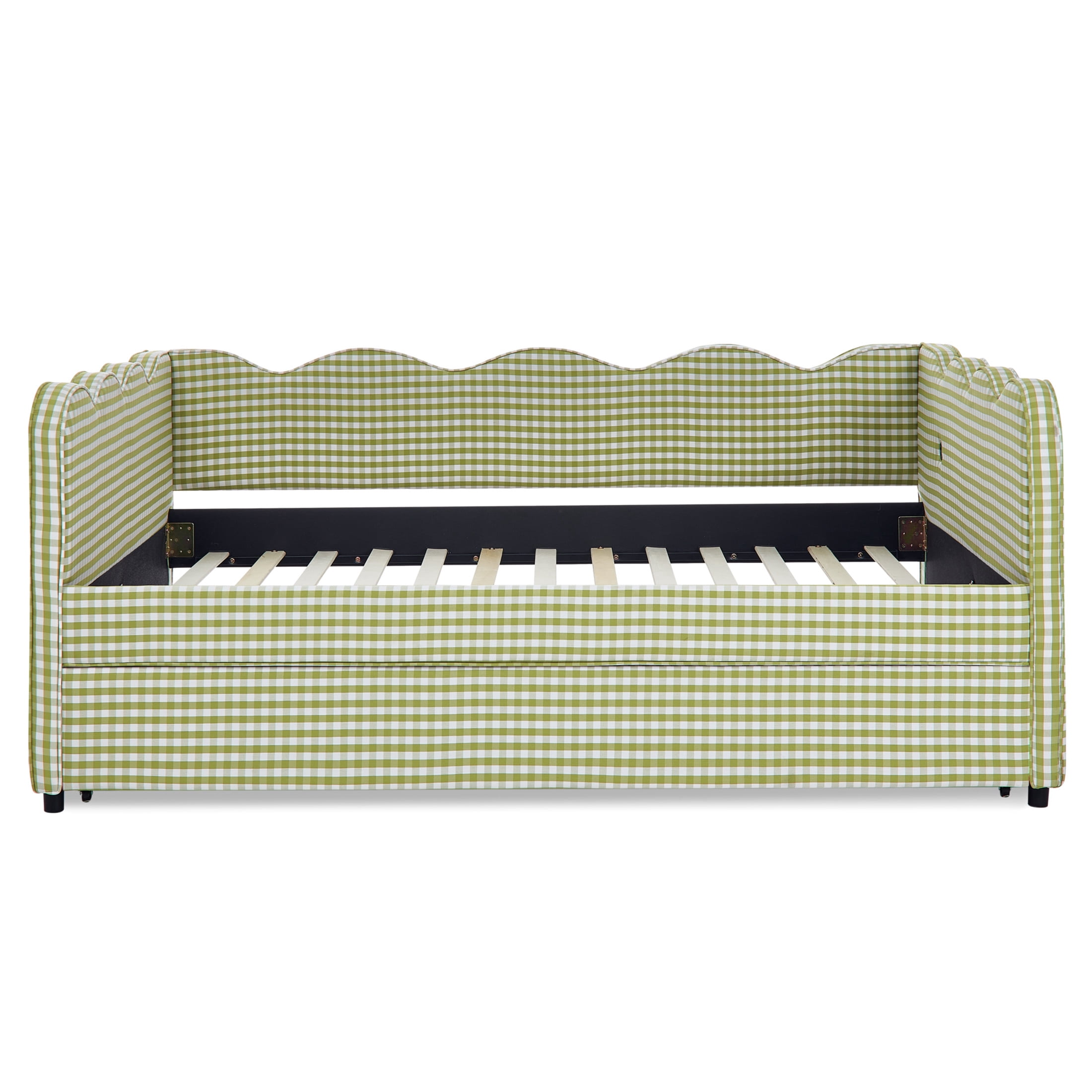 Noble House Wesley Full Size Waved Daybed, Cozy Gingham Linen Sofa Bed with Twin Trundle and Charging Port, Green