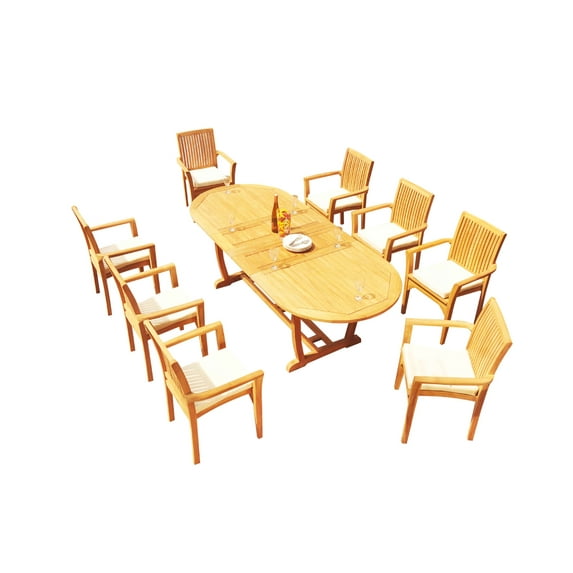 Grade-A Teak Dining Set: 8 Seater 9 Pc: 94" Mas Oval Trestle Leg Table And 8 Lua Stacking Arm Chairs Outdoor Patio WholesaleTeak #51LU2309