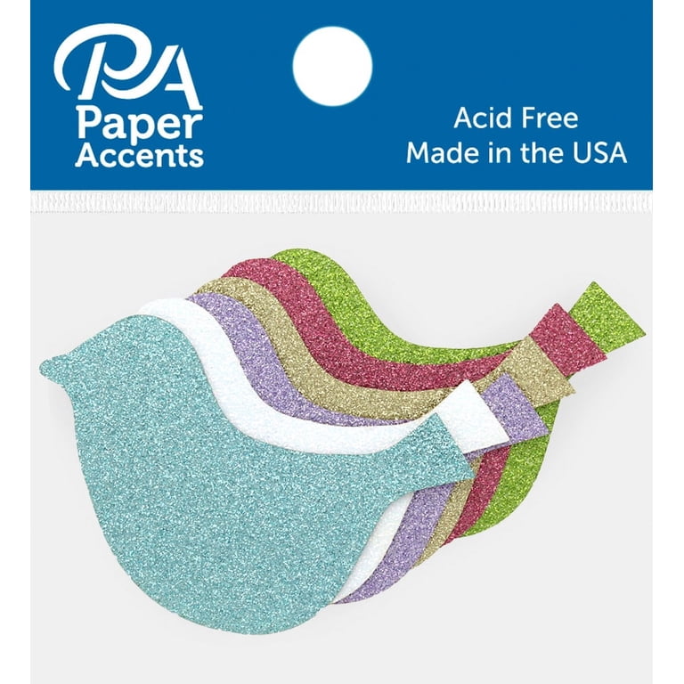 Glitter Shape 8pc Bird Gld,Lav,Grn,Wt,Blu,Pnk