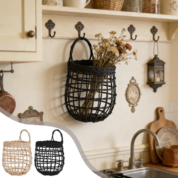 Woven Rattan Wall-Mounted Basket, Vintage Easter Basket Kitchen Ginger Garlic Storage Container, Small Hanging Flower Easter Basket for Easter Eggs, Utensil Organizer for Home Kitchen, Beige