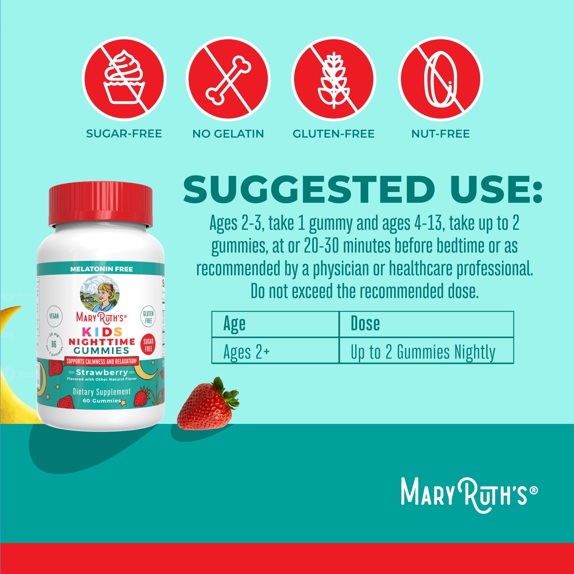 MaryRuth Organics Kids Nighttime Gummies, Strawberry, 30 Count, Sleep Support Supplement, L-Theanine