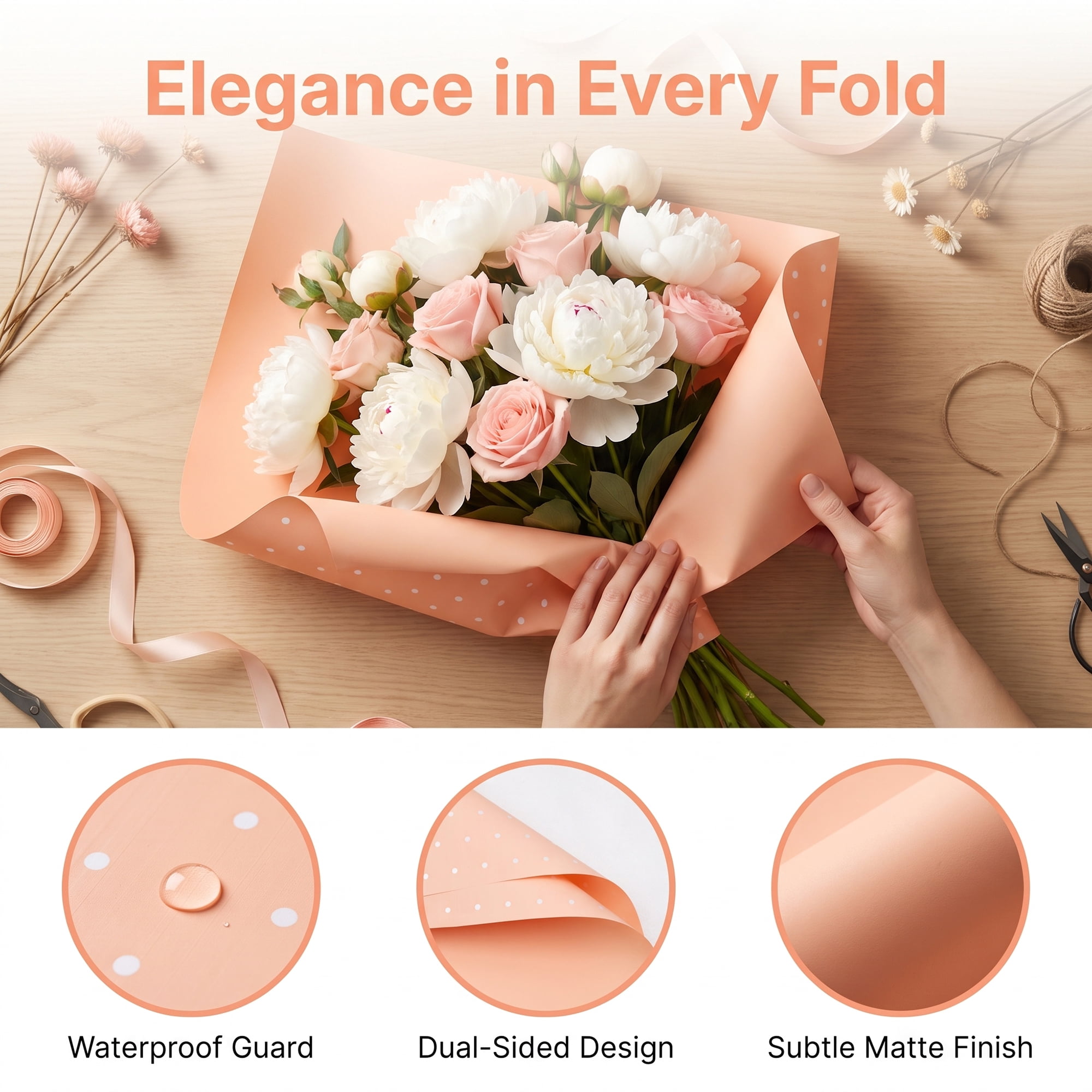 Unique Bargains Waterproof Luxury Matte Gift Wrapping Paper for Bouquets Champagne 22"x22"