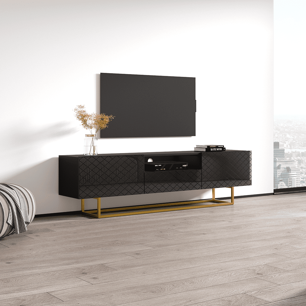 Lattice 01 TV Stand for TVs up to 85", Mid-Century Modern High Gloss 75" Entertainment Center, TV Media Console with Storage Cabinets