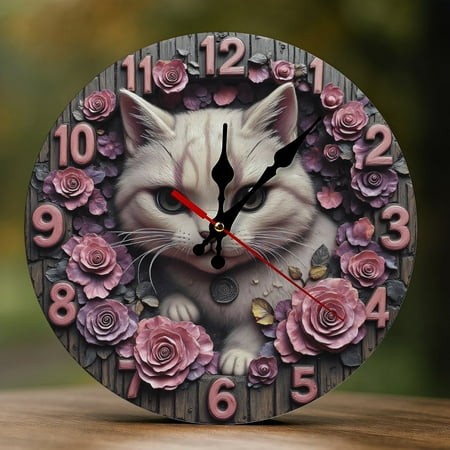Wall Clock Decorative - Elegant Pink Cat Roses Print 2D Vintage Wall Clocks Battery Operated Silent Non-Ticking for Bedroom, Living Room, Kitchen, Office, Classroom, 10 Inch
