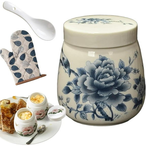 Coddled Egg Cups, Egg Coddlers Sets with Lids, Vintage Ceramic Soft Boiled Egg Cooker, 220ml Porcelain Tableware Breakfast Serving, Single or Double Egg Cooking with a Twistable Ceramic Lid (A, 1Pcs)