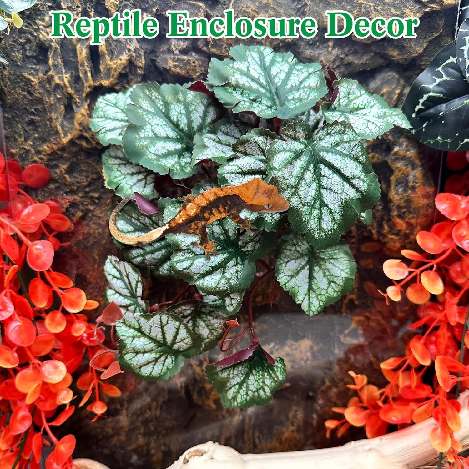 Reptile Plants with Suction Cup Artificial Leaves for Terrarium Decor Tank Accessories for Bearded Dragon, Lizard, Snake (Red Saxifrage)