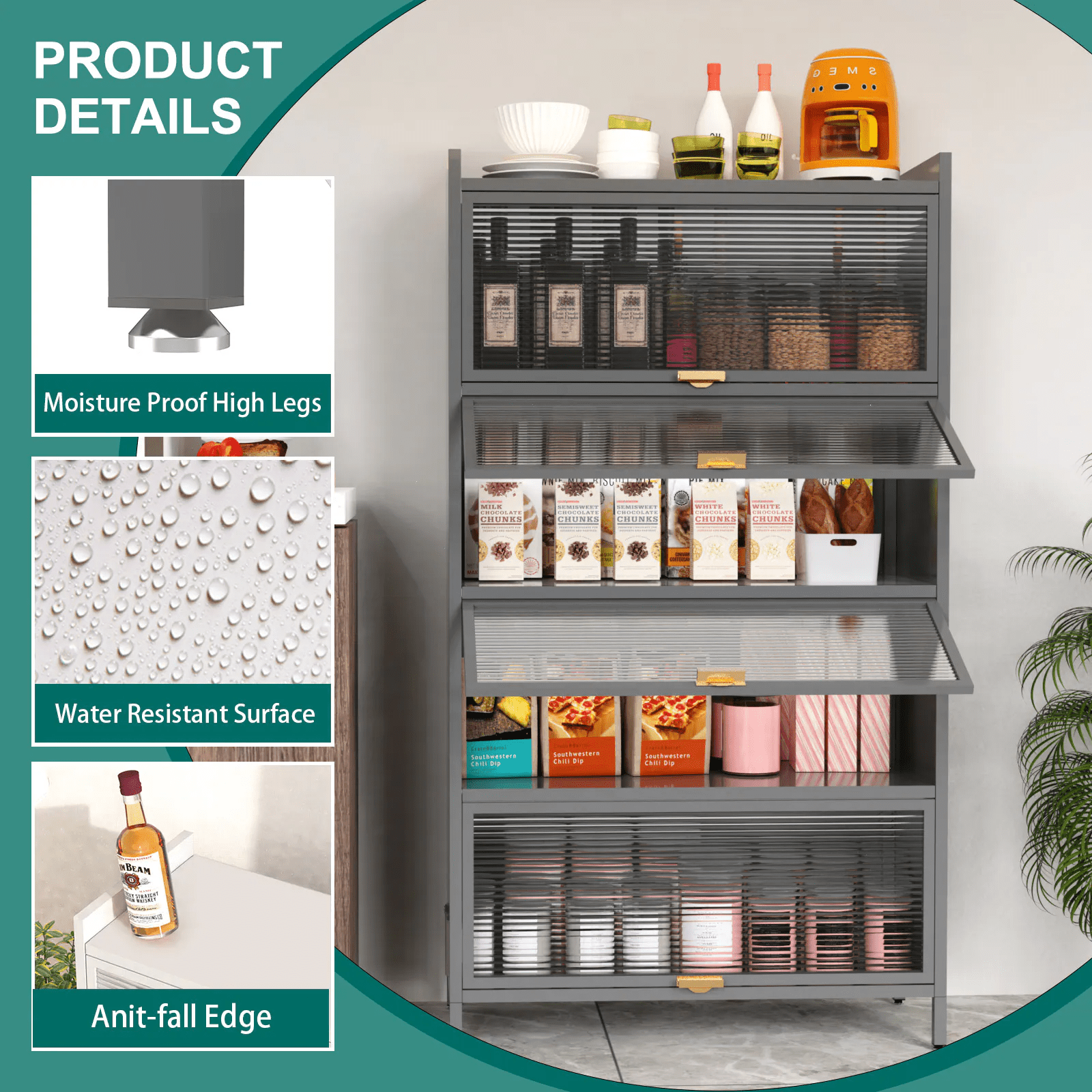 Aukfa 5 Tier Metal Pantry Storage Cabinet, Kitchen Bakers Rack with Flip-up Doors, Gray