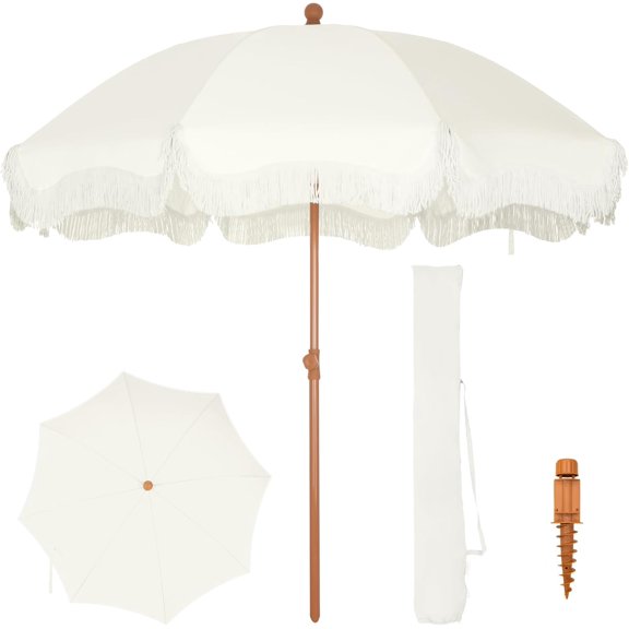WYDK 7ft Beach Umbrella with Fringe & Sand Anchor, Outdoor Patio Heavy Duty Windproof Portable Tassel Umbrellas for Sand with Push Button Tilt & Carrying Bag, UPF 50 , White(No Base)