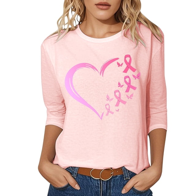 T-shirt Graphique de Sensibilisation au Cancer pour Femmes, Col Rond, Manches Trois Quarts, Décontracté, Confortable, Tenue Quotidienne, Haut de Festivals
