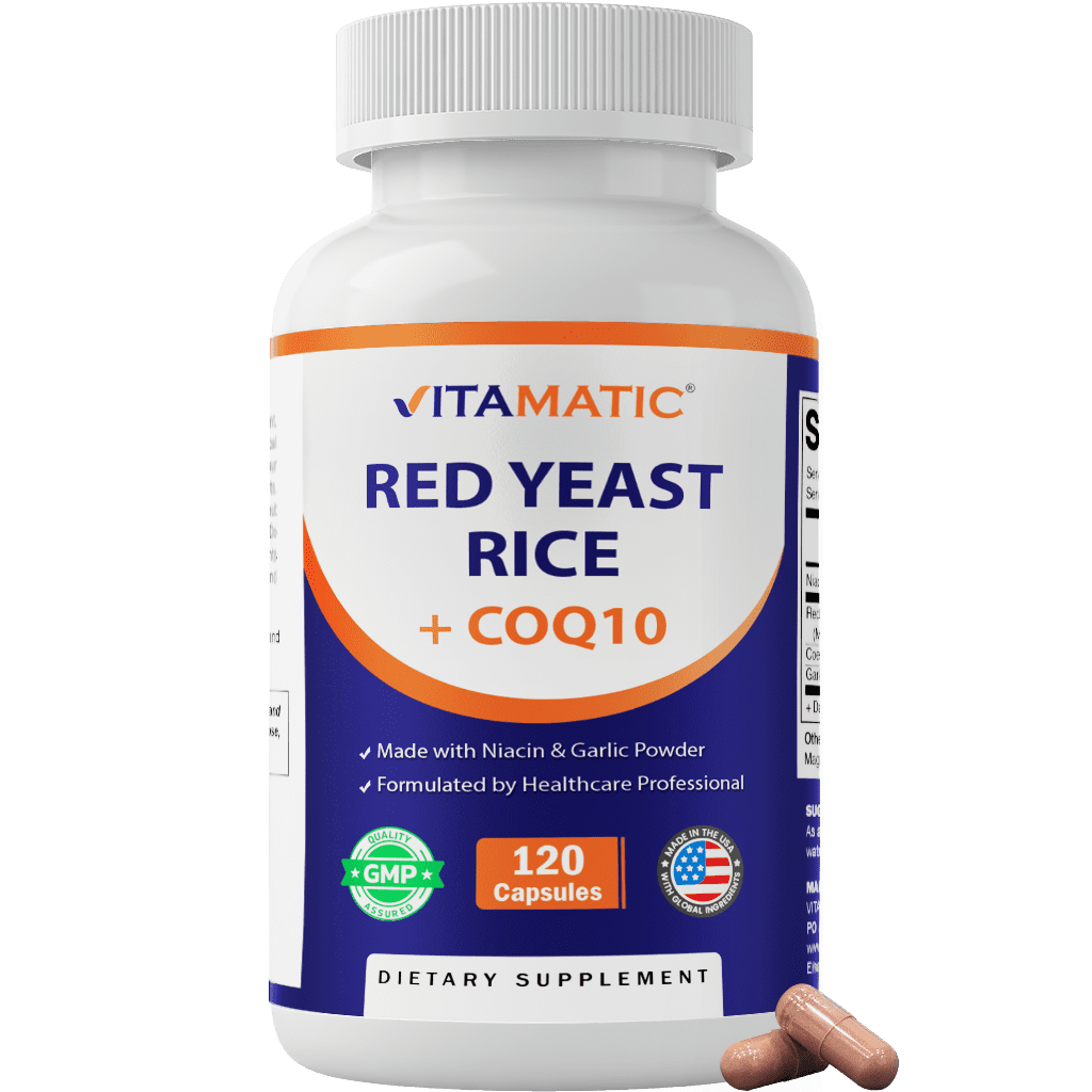 Vitamatic Citrinin-Free Red Yeast Rice 1200 mg. Capsules with CoQ10 100mg, Flush Free Niacin 100mg, & Garlic Powder 20mg - 120 Veg Capsules