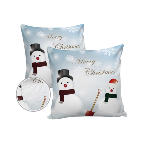 Pack of 2 Outdoor Pillow Covers, Merry Christmas Snowman Snowflake Waterproof Square Throw Pillowcase Cushion Decorative Pillow Covers for Couch Patio Tent, 18x18 in
