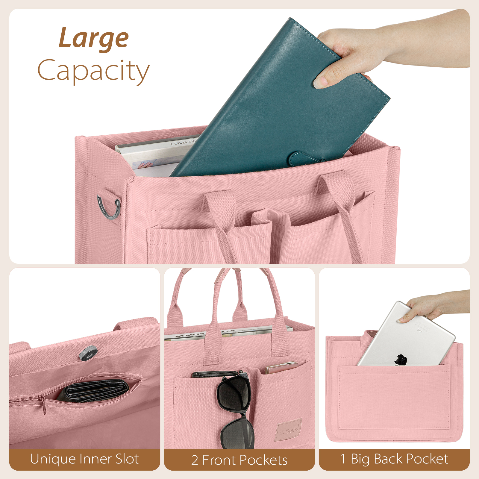 Cshidworld Canvas Tote Bag with Pockets, Pink photo 6