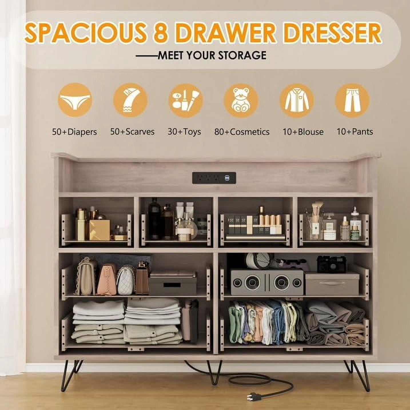 Homhougo Dresser TV Stand, Dresser for Bedroom With LED Light & Charging Station Entertainment Center With Storage 8 Drawers Wooden Dressers With Open Space Wide Drawers for Living Room, Light Brown