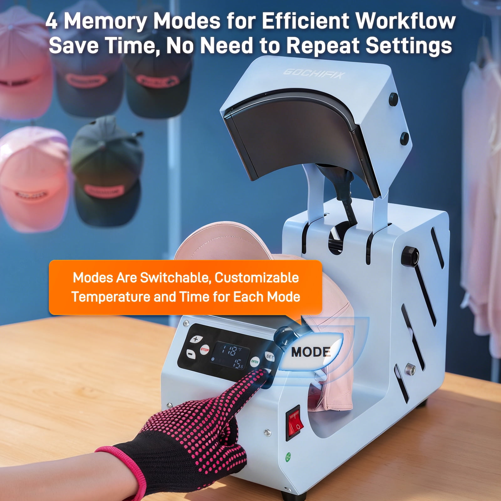 Hat Heat Press Machine,GOCHIFIX Automatic Hat Heat Press with 2pcs Interchangeable Platens for Caps Hats T-Shirts and HTV Iron On and Sublimation Projects,Blue