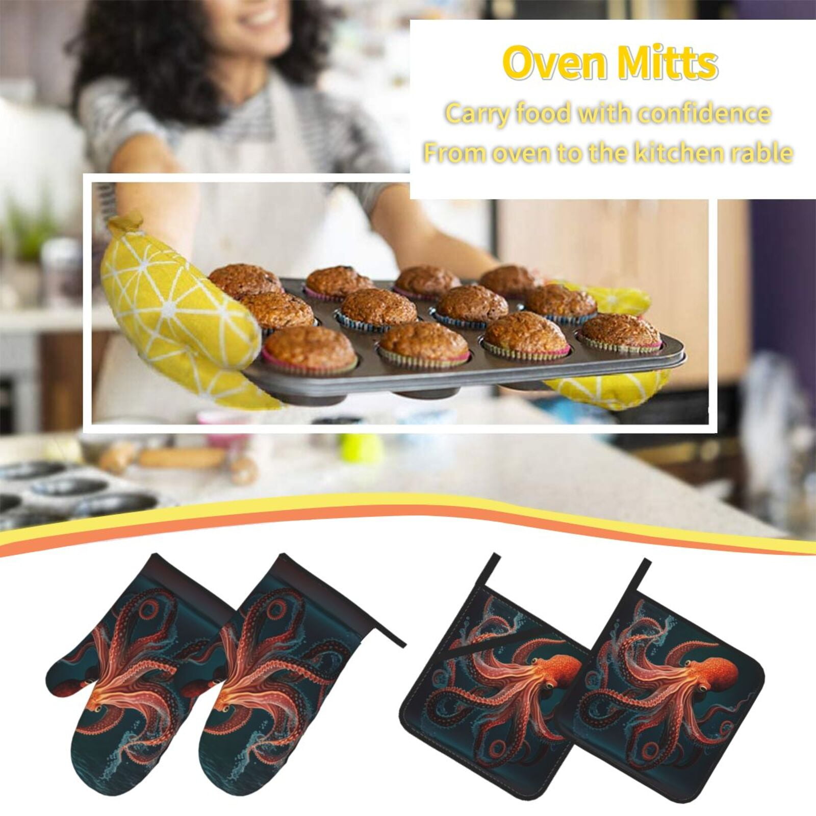 Red Octopus Tentacles Art 4Pcs Oven Mitts and Pot Holders Sets Oven Kitchen Gloves Hot Pads for Cooking BBQ Baking Grilling