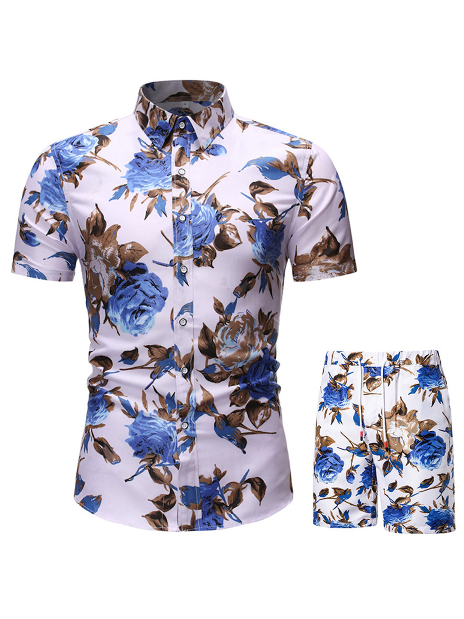 Men 2 Piece Sets Button Down Short Sleeve Hawaiian Shirt Suits Vacation Beach Casual Loose Short Sleeve Shorts Set
